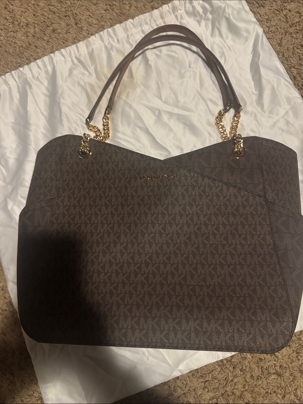 Michael Kors Dark Brown Signature Chain-Accent Tote